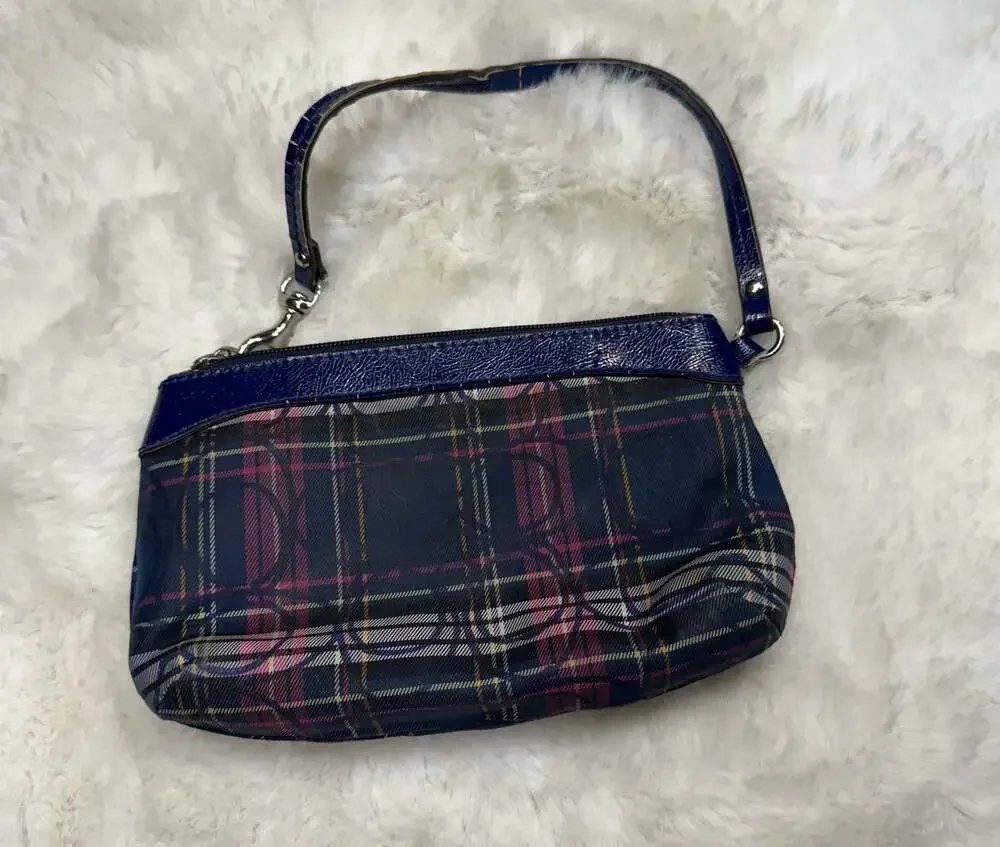Coach Navy Tartan Plaid Print Wristlet with Patent Leather Trim
